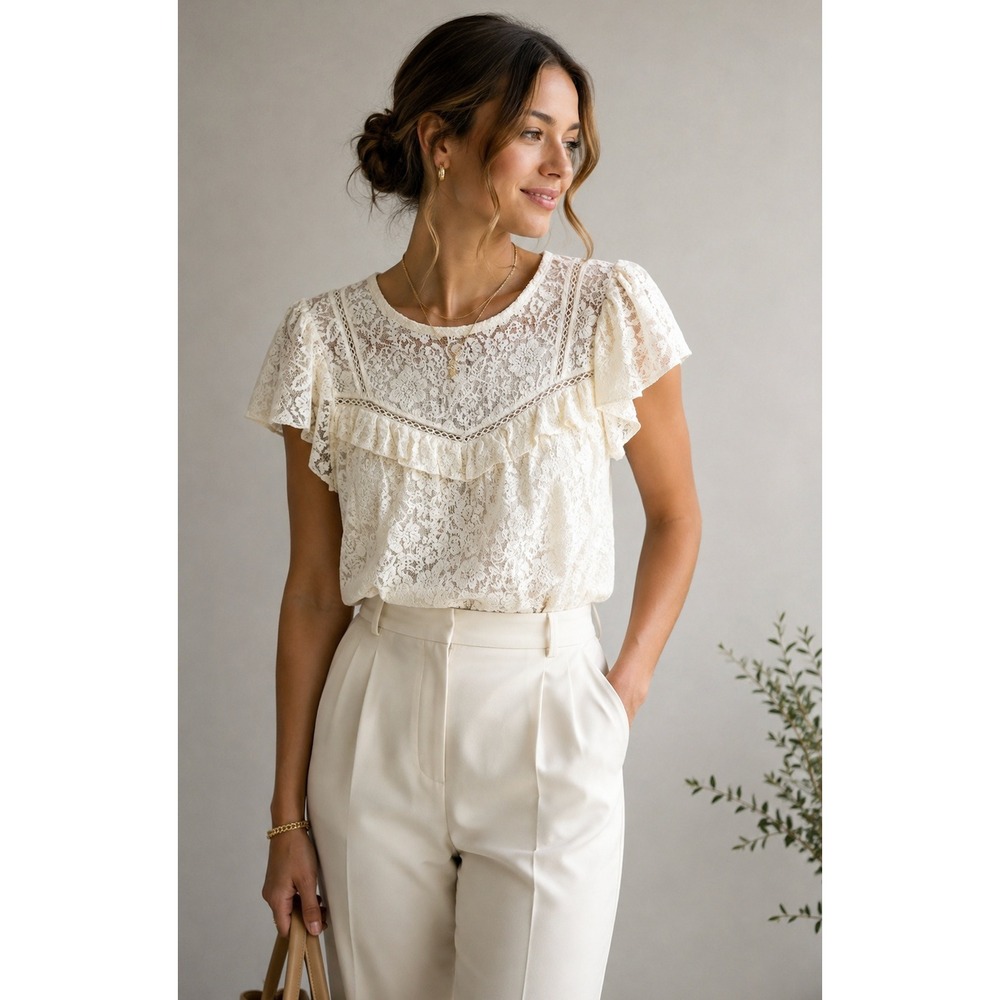 LOFT Cream Lace Ruffle Short Sleeve Blouse